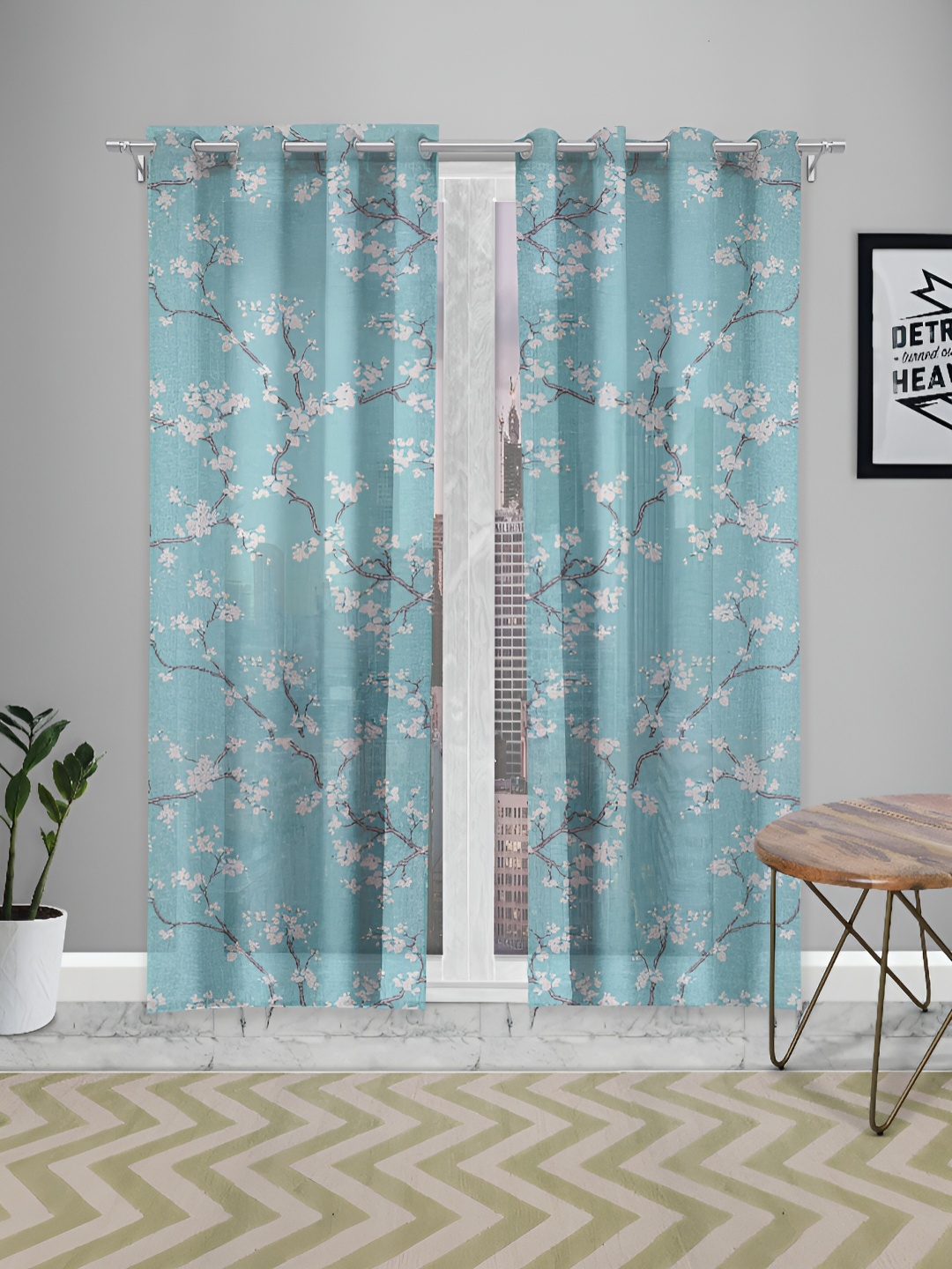 

Aura Blue & White Floral Sheer Long Door Curtain