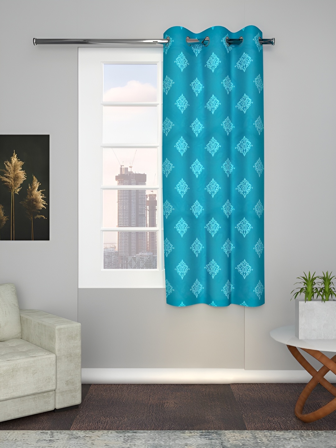 

Aura Blue & White Ethnic Motifs Cotton Eyelet Room Darkening Window Curtain