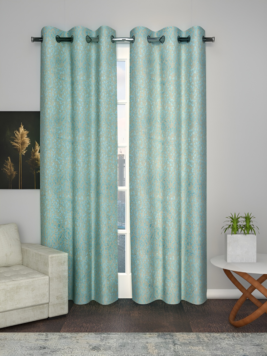 

Aura Blue & Beige Floral Room Darkening Door Curtain