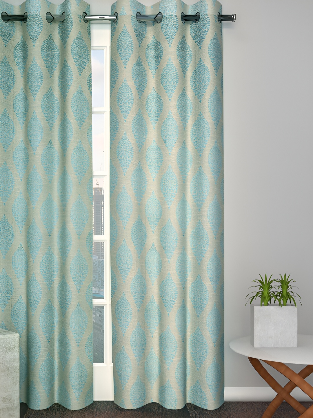 

Aura Blue & Beige Ethnic Motifs Printed Room Darkening Long Door Curtain