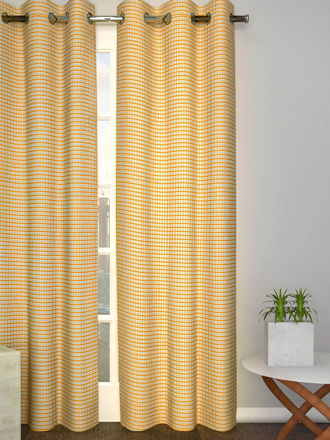 

Aura Yellow & Orange Geometric Room Darkening Long Door Curtain