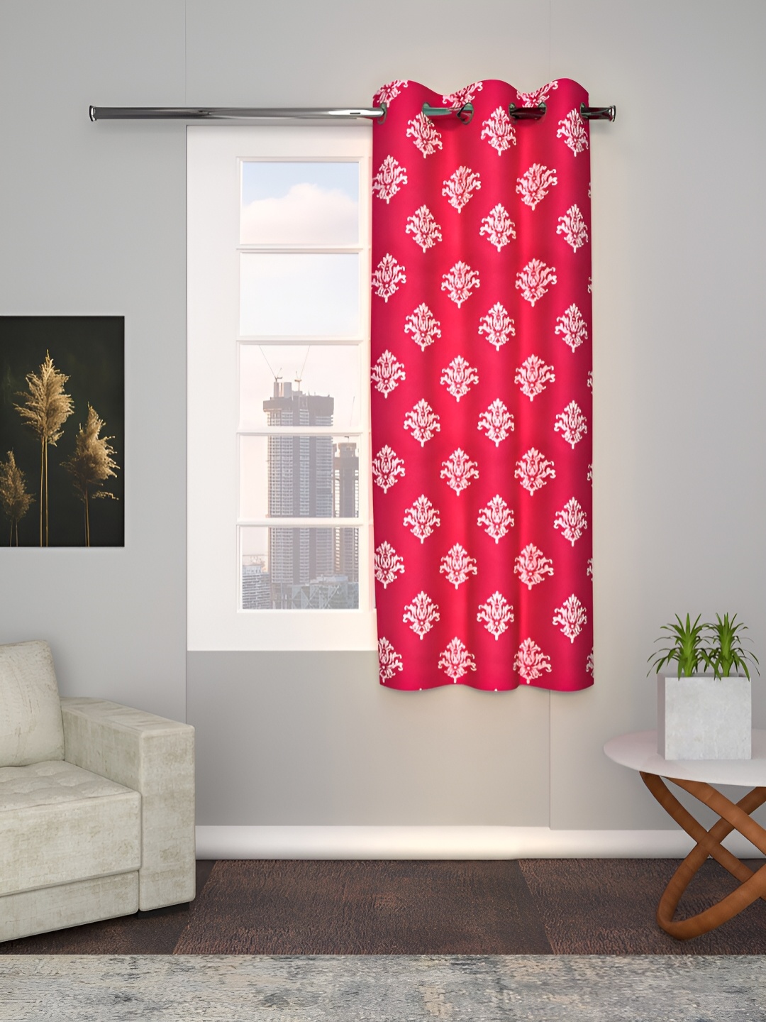

Aura Pink & White Ethnic Motifs Cotton Eyelet Room Darkening Window Curtain
