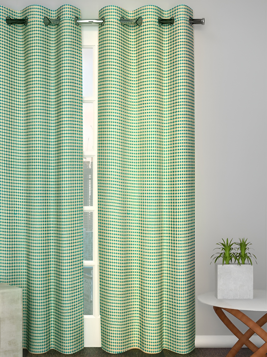 

Aura Green & Off White Geometric Room Darkening Door Curtain