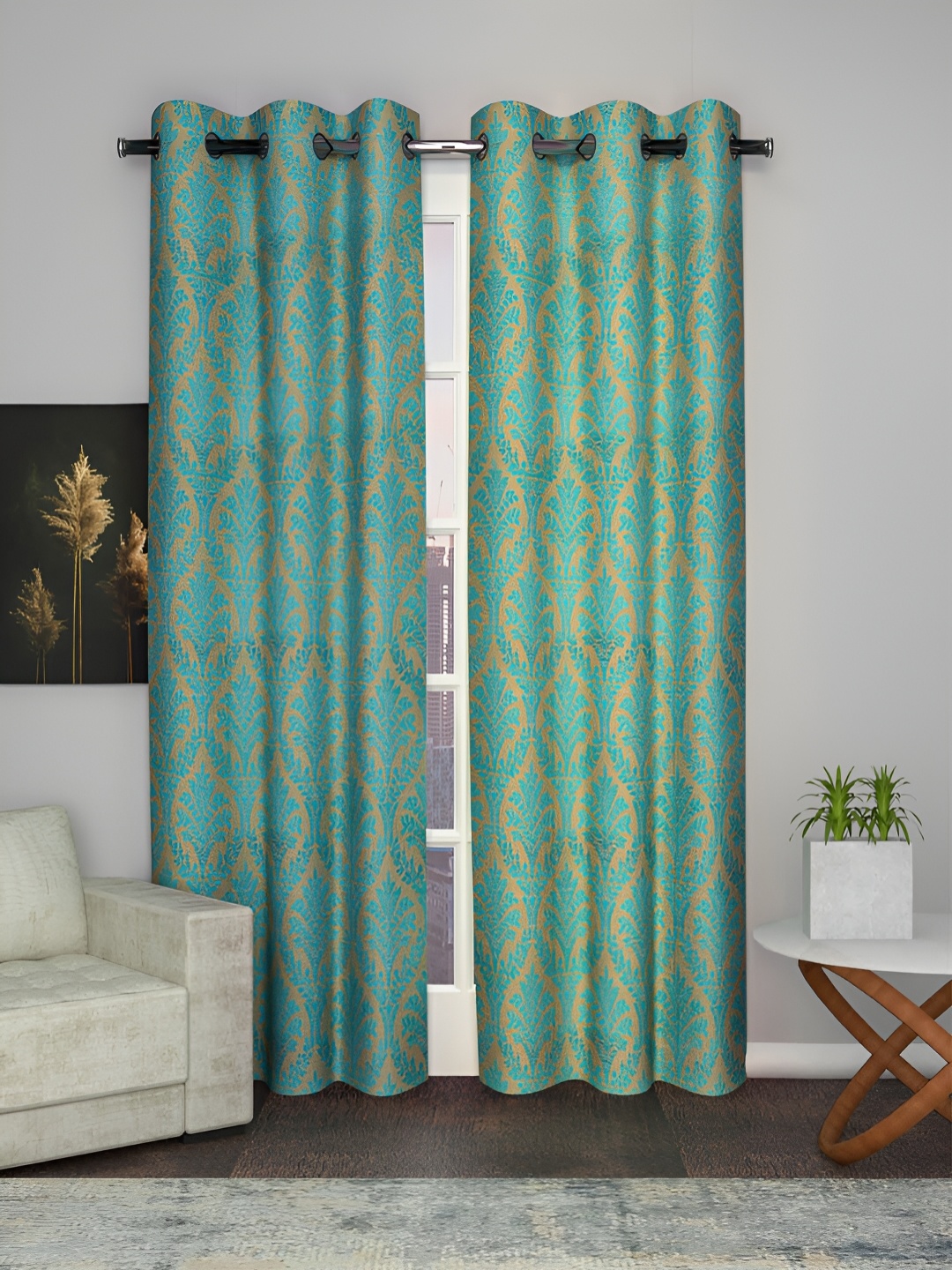 

Aura Green & Yellow Floral Room Darkening Long Door Curtain