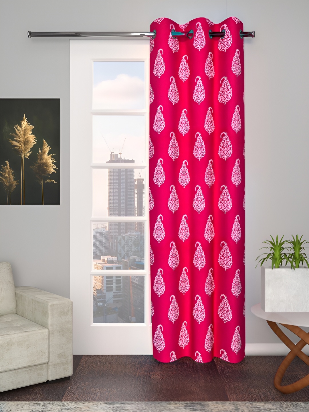 

Aura Pink & White Ethnic Motifs Room Darkening Door Curtain
