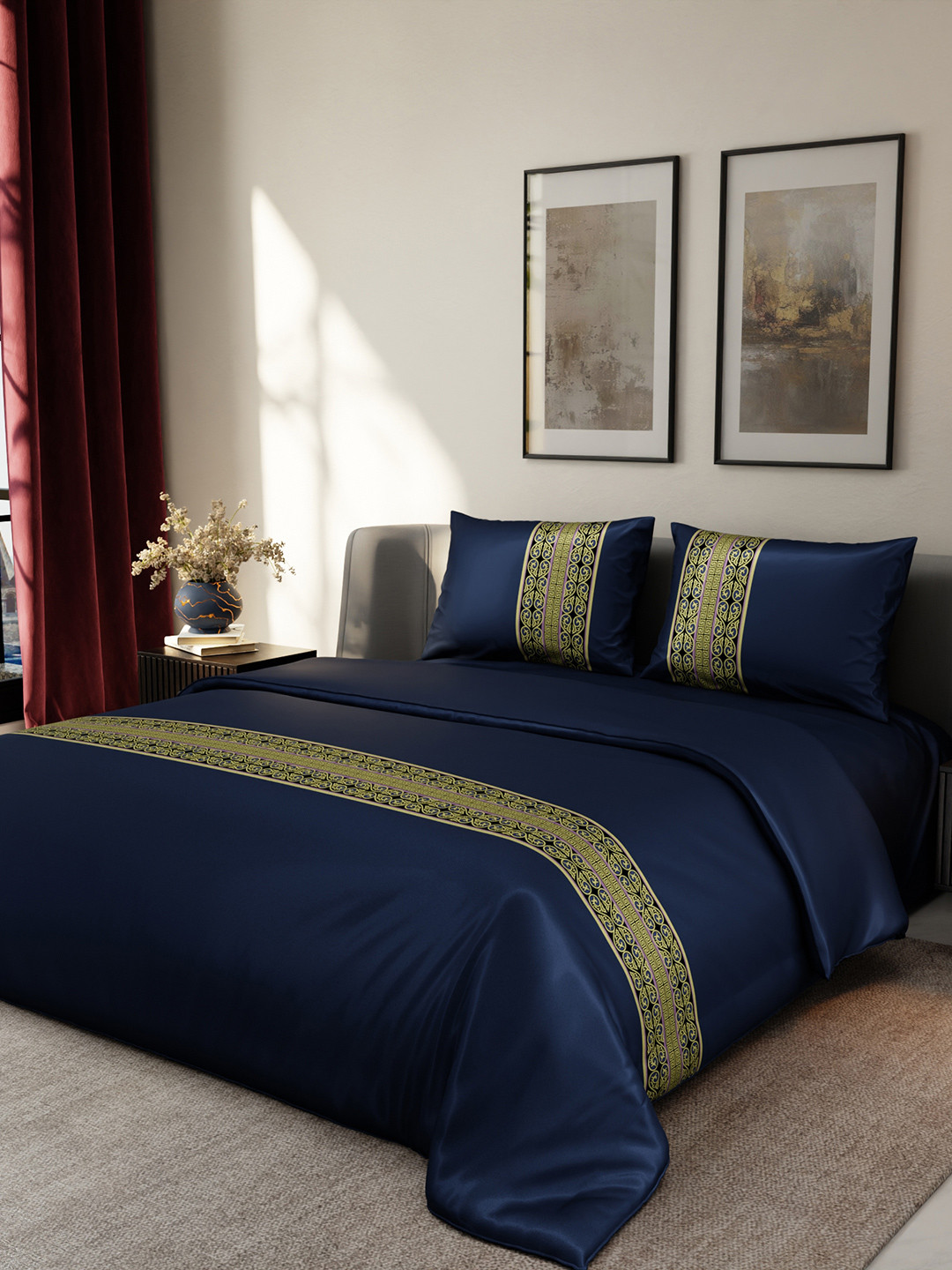 

Stoa Paris Navy Blue Printed AC Room 150 GSM Double Bed Satin Comforter 2 Pillow Covers