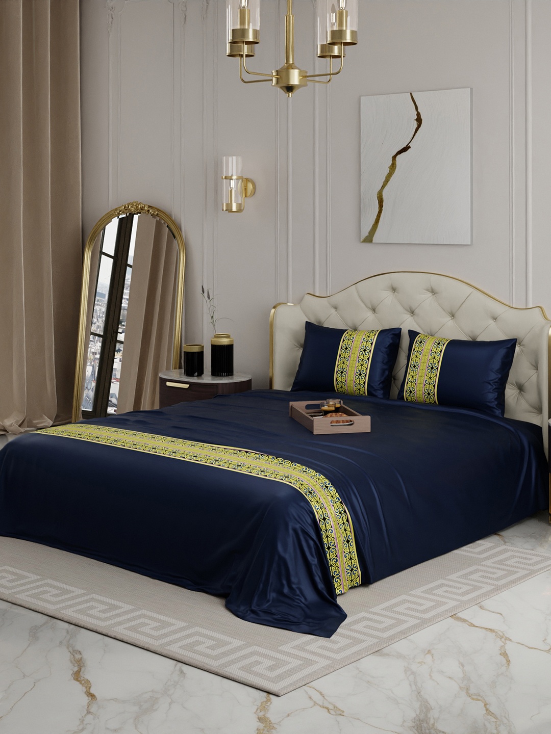 

Stoa Paris Navy Blue Yellow Ethnic Motifs 300 TC Queen Satin Bedsheet with 2 Pillow Covers