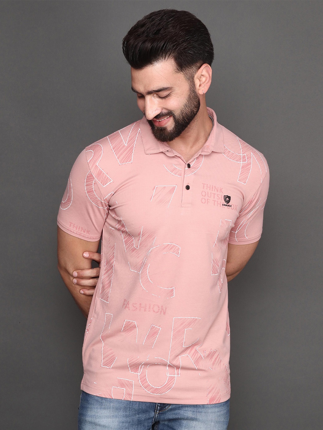 

Albion Polo Collar Typography Printed Short Sleeves Cotton T-shirt, Peach