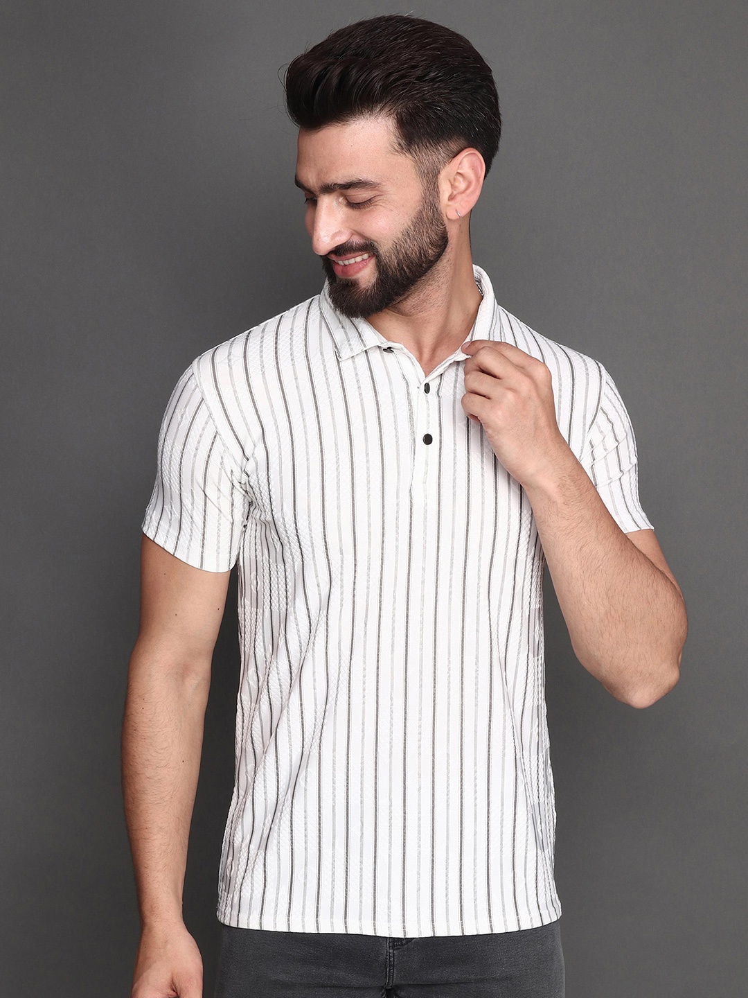 

Albion Striped Polo Collar Cotton Regular Fit T-shirt, Black