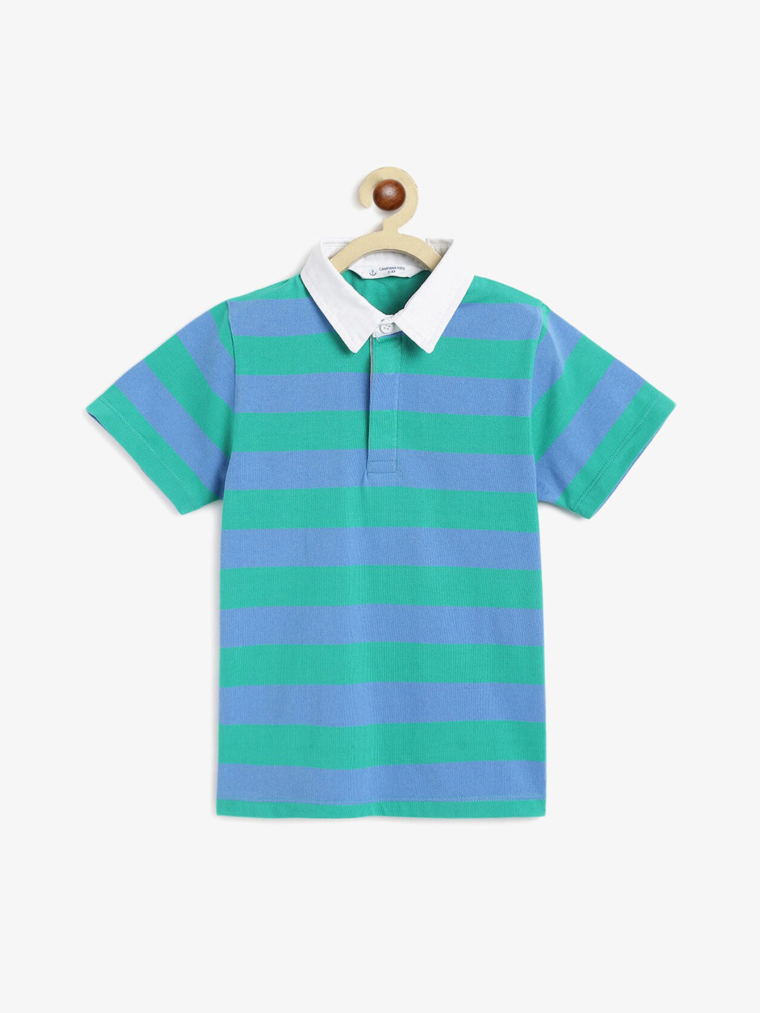 

Campana Boys Striped Polo Collar Cotton T-shirt, Green