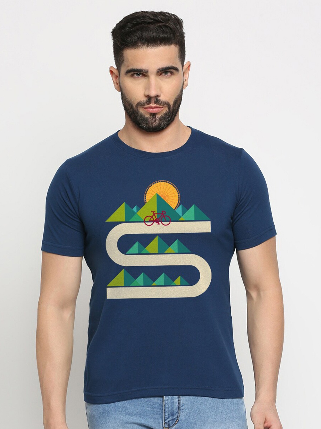 

MOD ECRU Graphic Printed Round Neck Cotton T-shirt, Blue