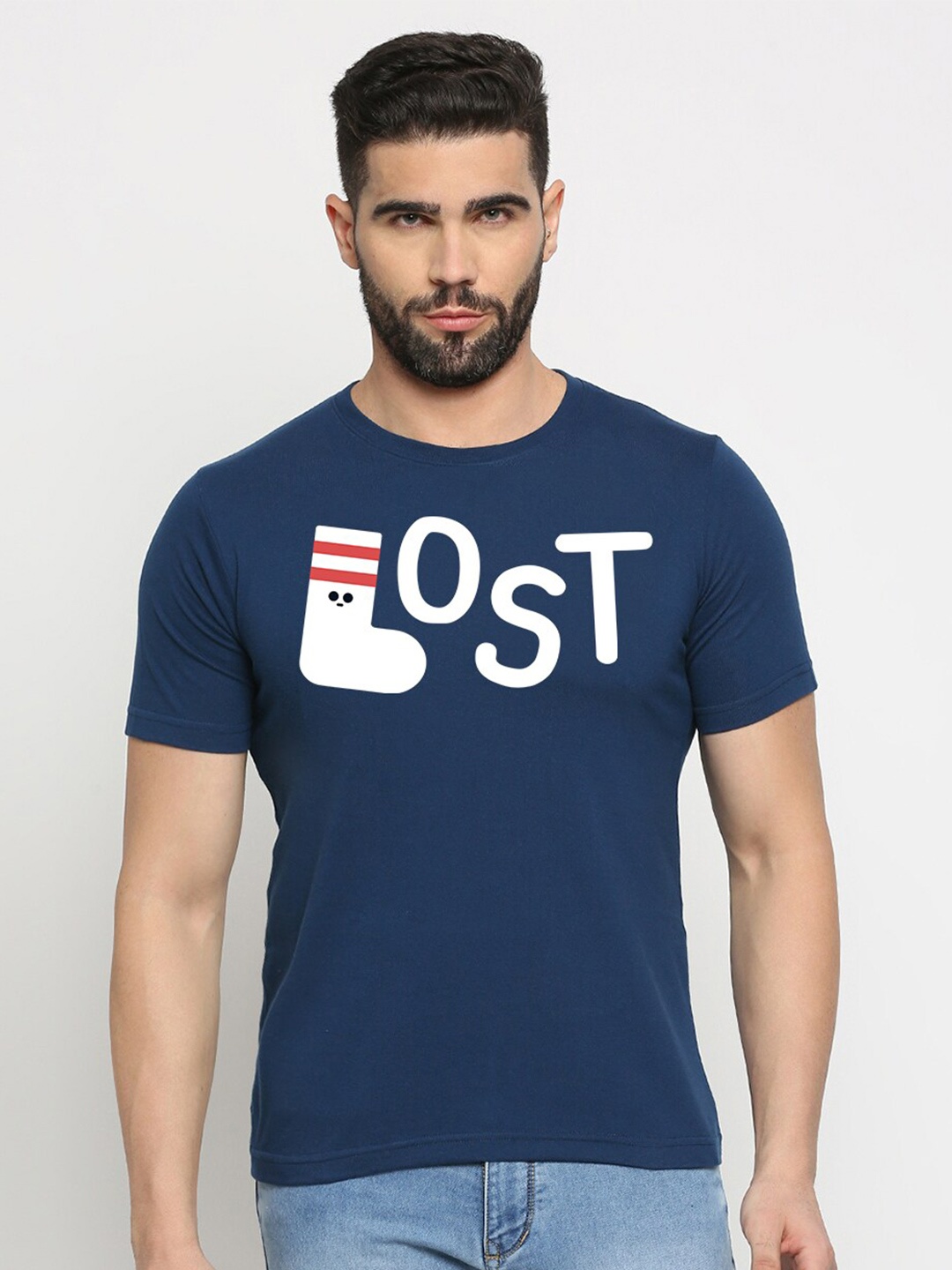 

MOD ECRU Typography Printed Round Neck Cotton T-shirt, Blue