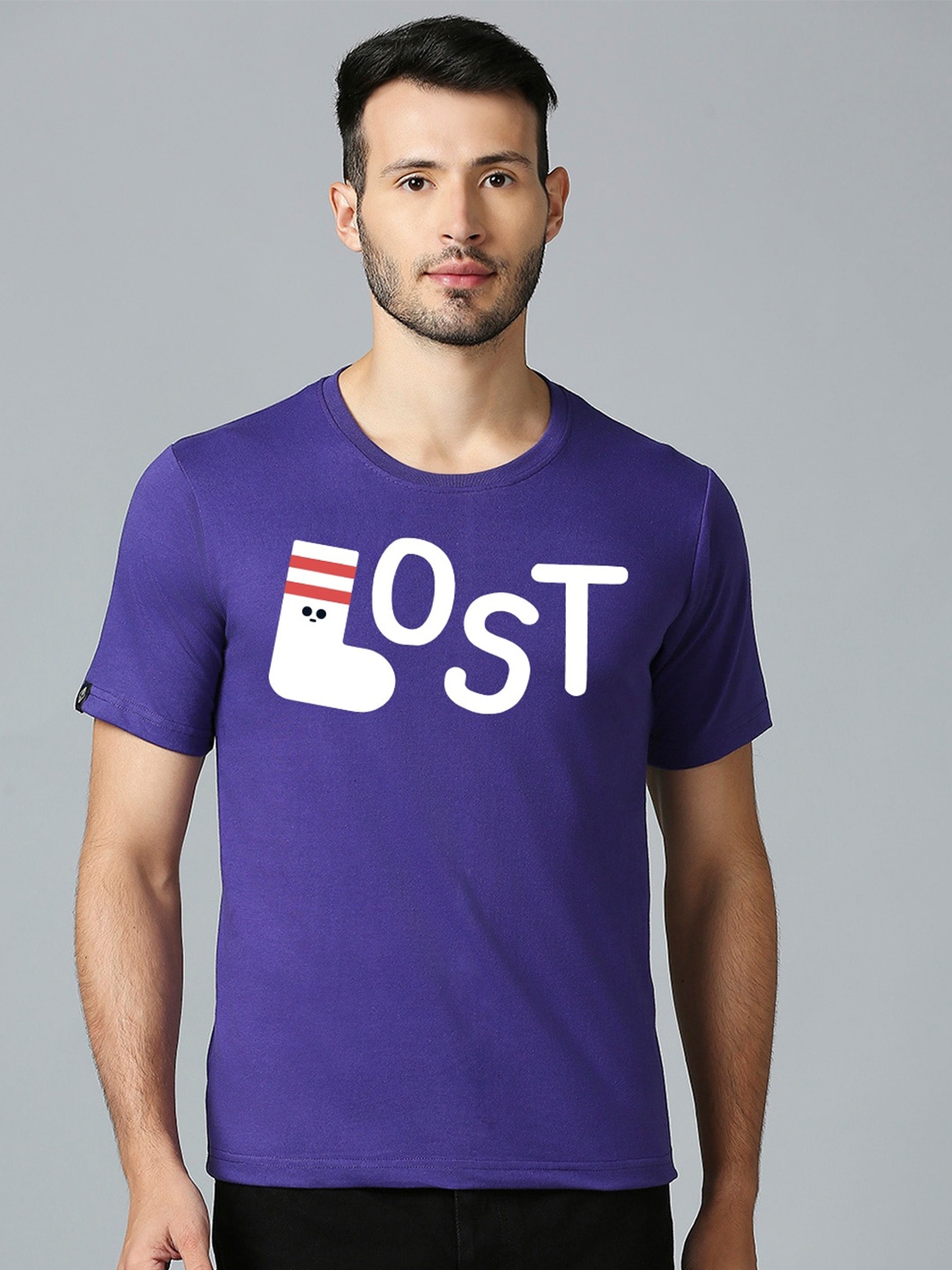 

MOD ECRU Typography Printed Round Neck Cotton T-shirt, Purple