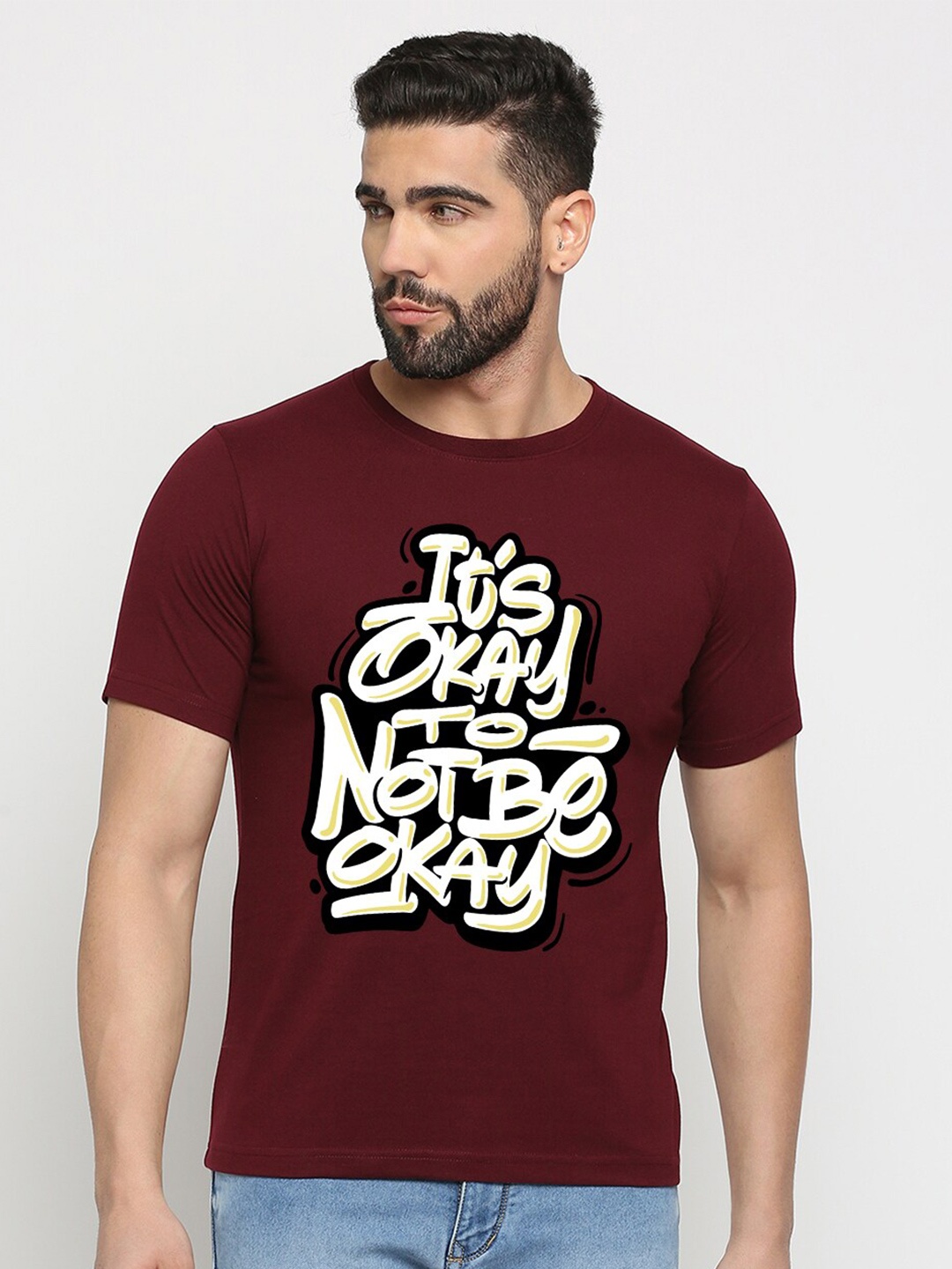 

MOD ECRU Typography Printed Round Neck Cotton T-shirt, Maroon