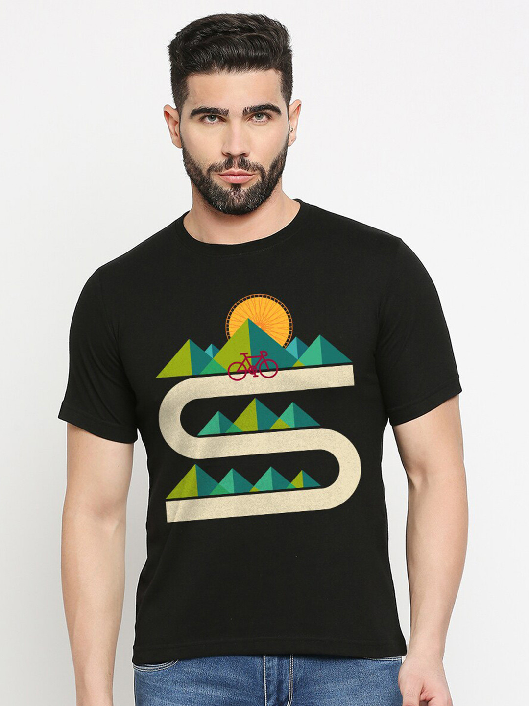 

MOD ECRU Graphic Printed Round Neck Cotton T-shirt, Black