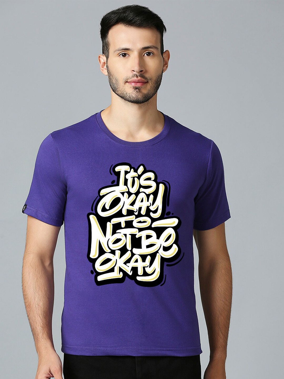 

MOD ECRU Typography Printed Round Neck Cotton T-shirt, Purple