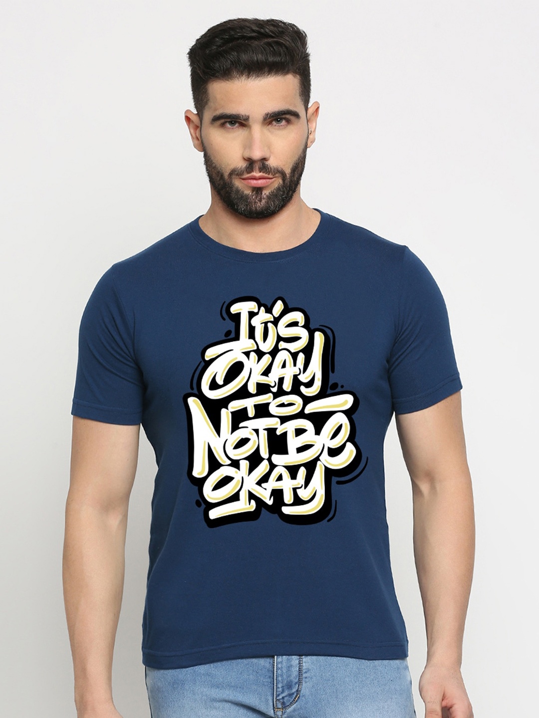 

MOD ECRU Typography Printed Round Neck Cotton T-shirt, Blue