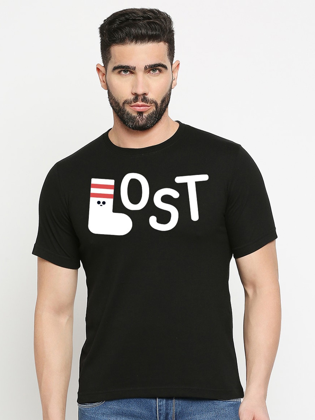 

MOD ECRU Typography Printed Round Neck Cotton T-shirt, Black