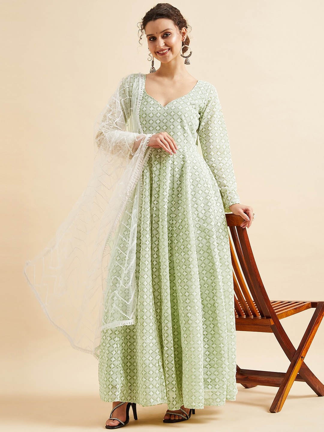 

PANIT Embroidered Chikankari Georgette Maxi Ethnic Dress With Dupatta, Green