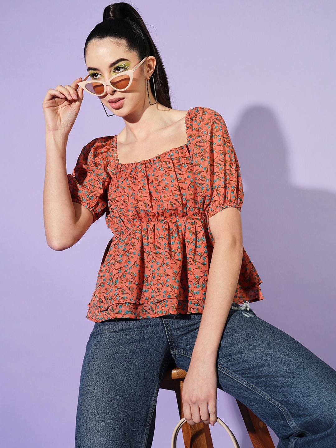 Slenor Floral Printed Puff Sleeve Georgette Top, Peach