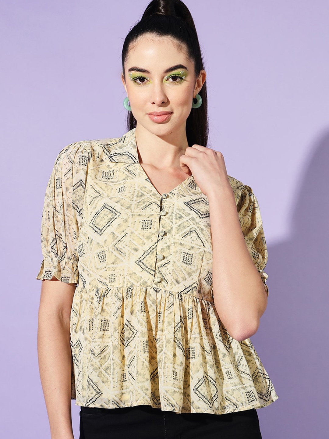 

Slenor Geometric Printed Puff Sleeve Georgette Peplum Top, Yellow
