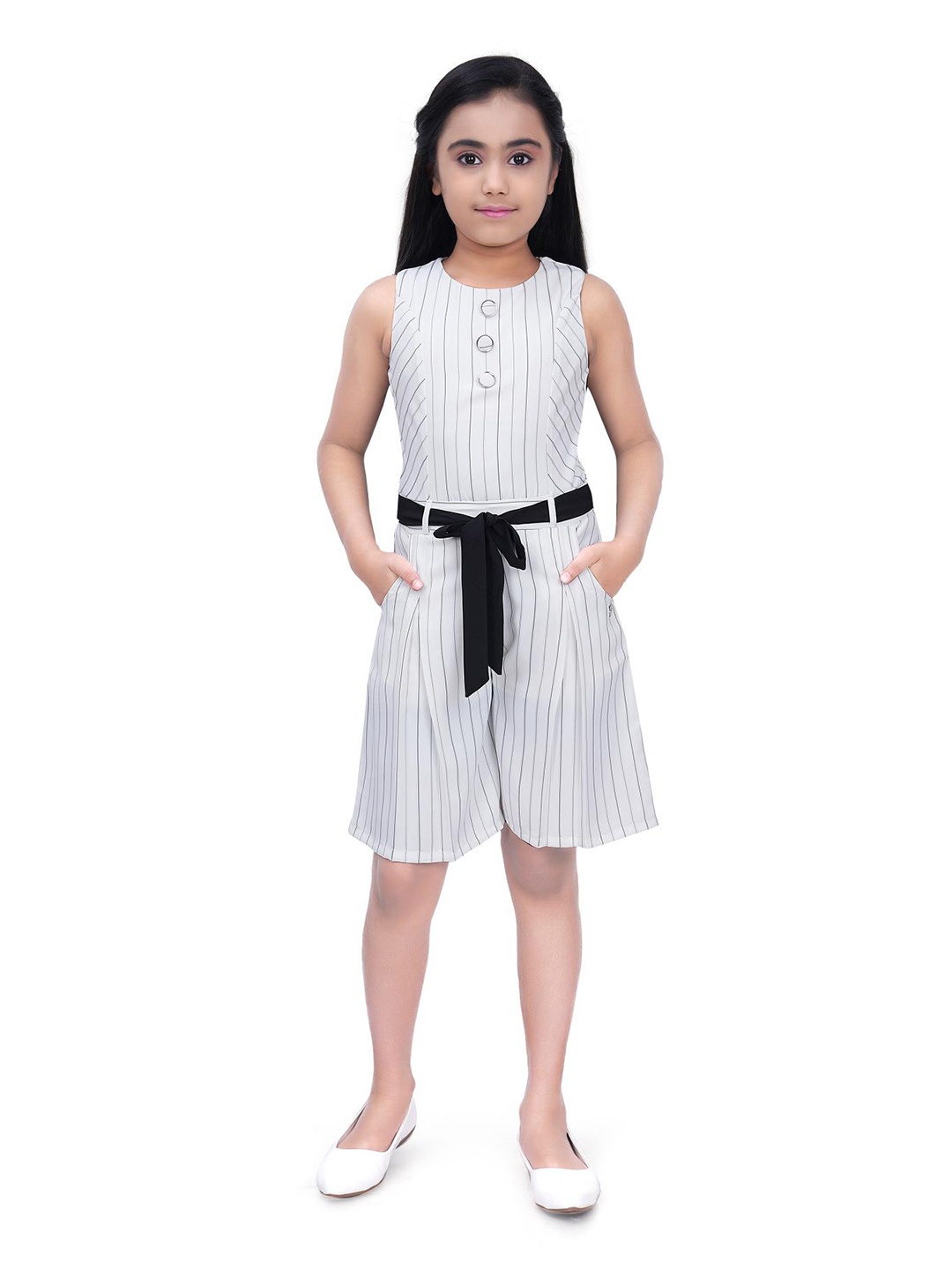 

Tiny Girl Striped Sleeveless Cotton Jumpsuit, Off white