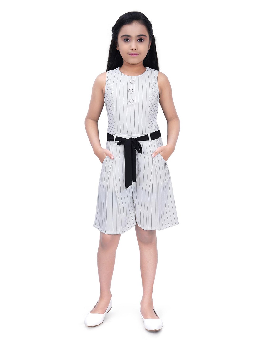 

Tiny Girl Striped Sleeveless Cotton Jumpsuit, Off white