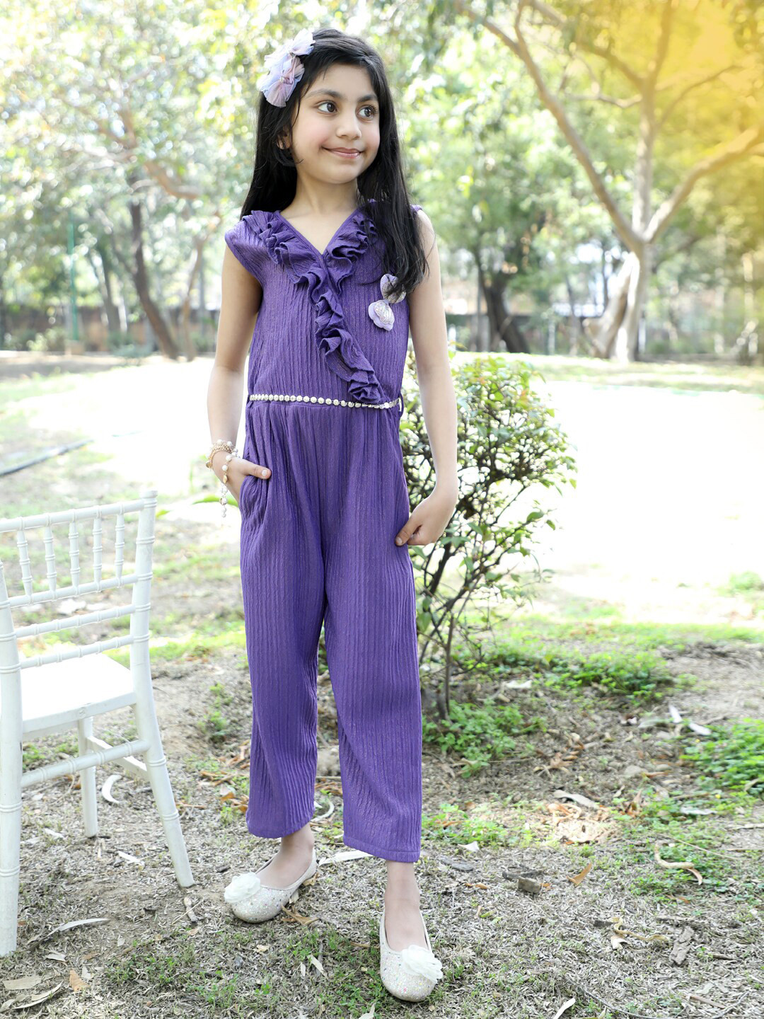 

Stuffie Land Girls Striped Ruffled Basic Jumpsuit, Purple