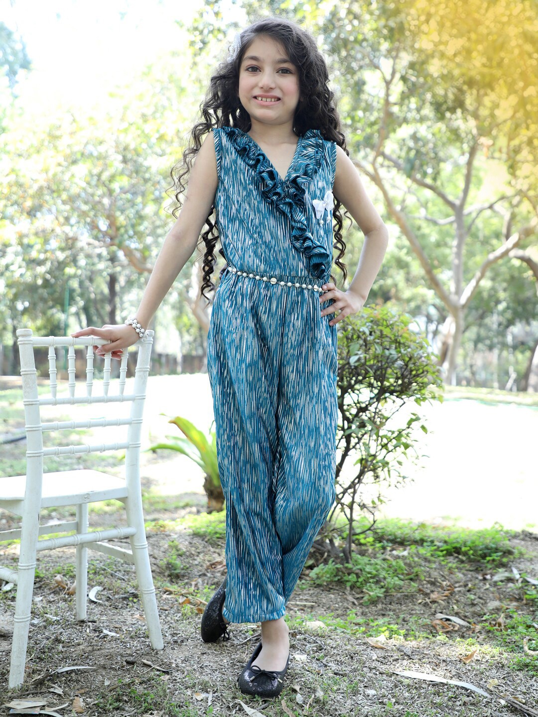 

Stuffie Land Girls Printed V-Neck Basic Jumpsuit, Teal