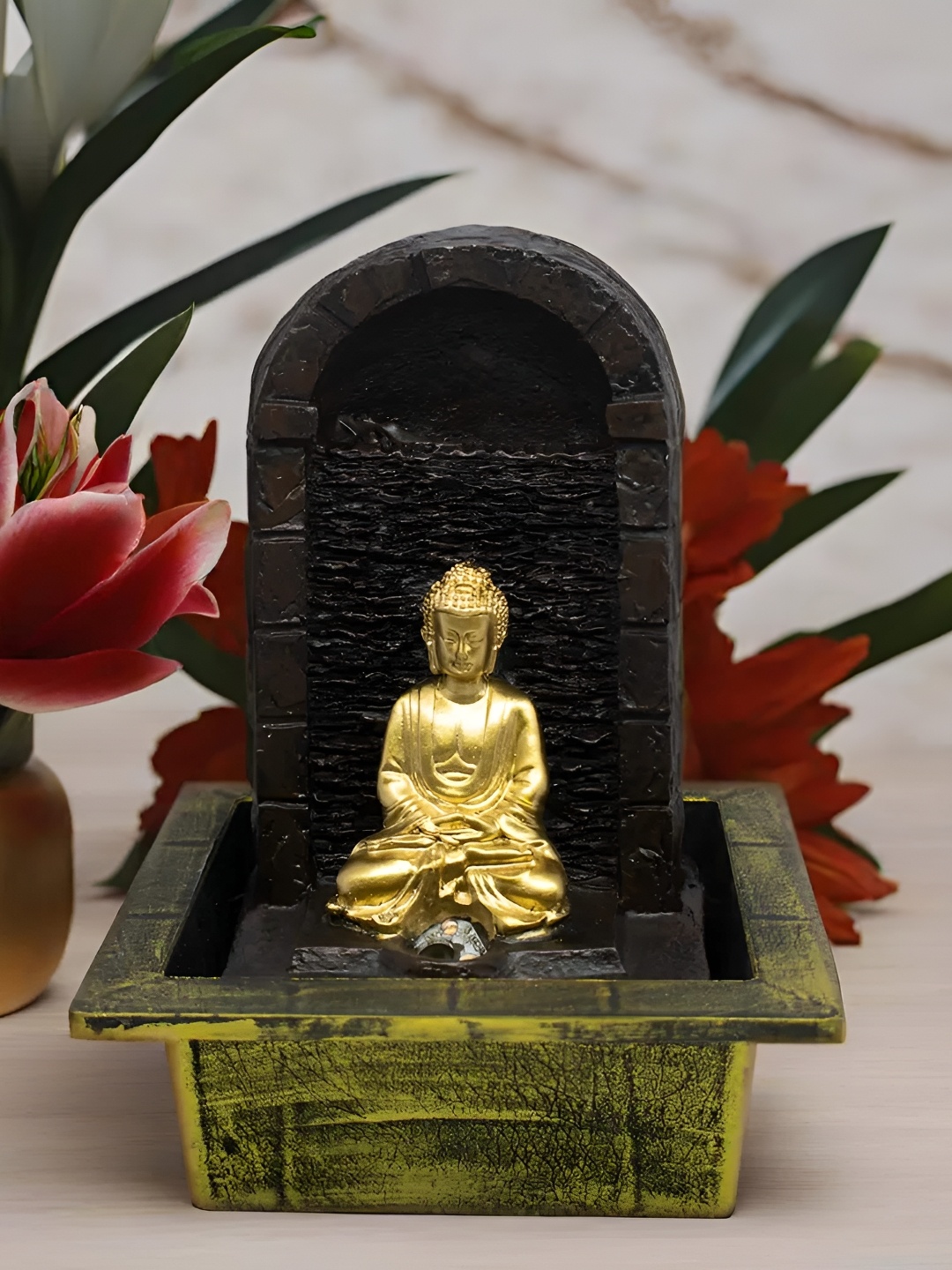 

VIVARS CRAFT Brown Textured Buddha Indoor Water Fountain, Gold