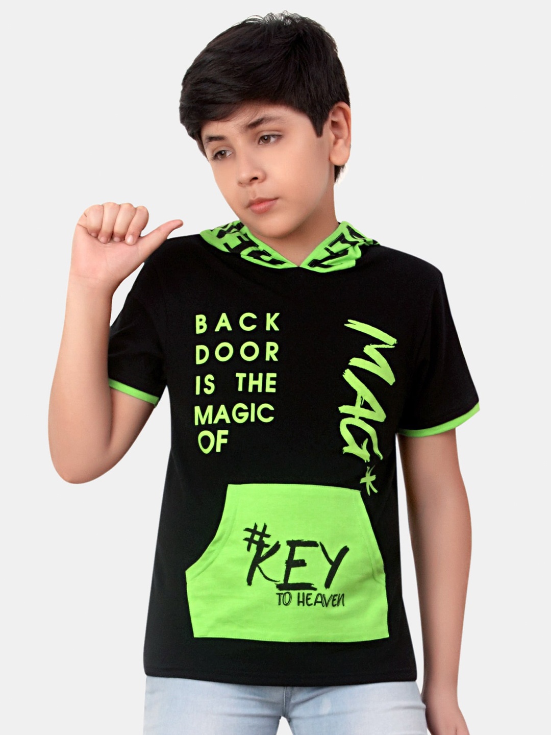 

BAESD Boys Slim Fit Typography Printed Hooded Cotton T-shirt, Black