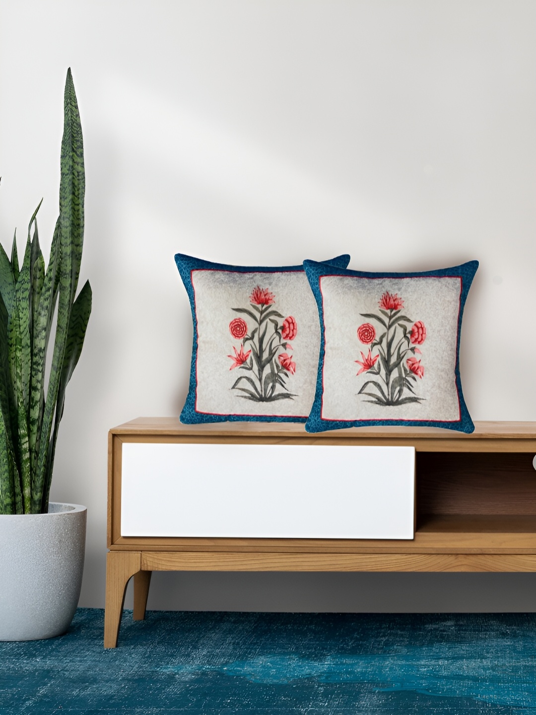 

Tasseled Home Blue & Off White 2 Pieces Floral Printed Velvet Square Cushion Covers