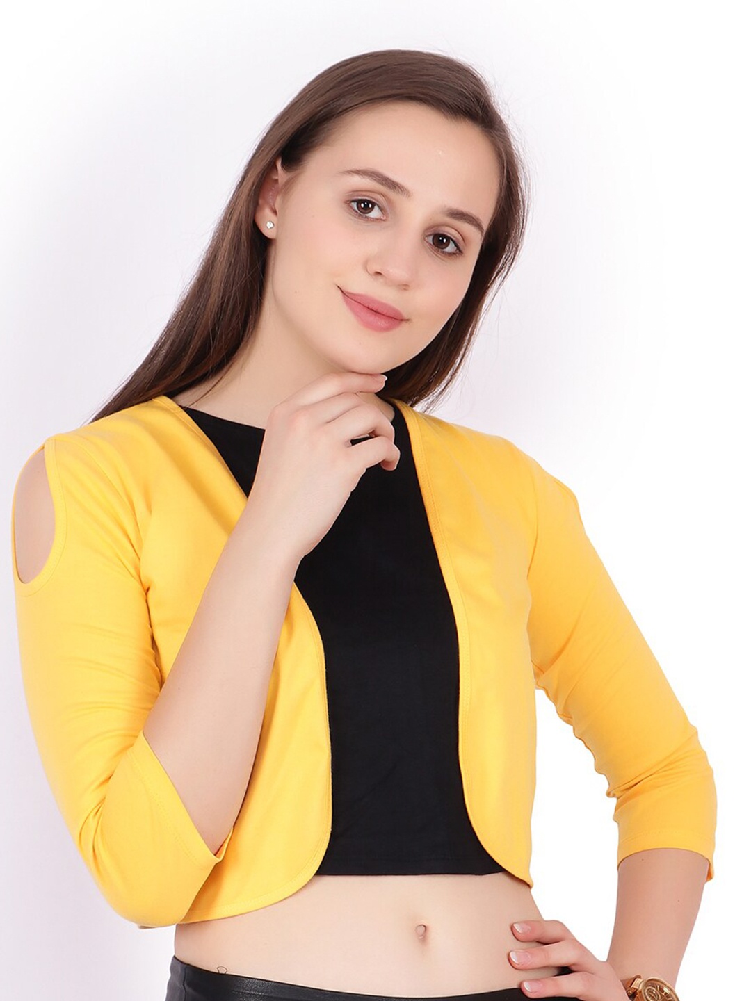 

Cation Cold Yellow Shoulder Sleeves Cotton Crop Shrug