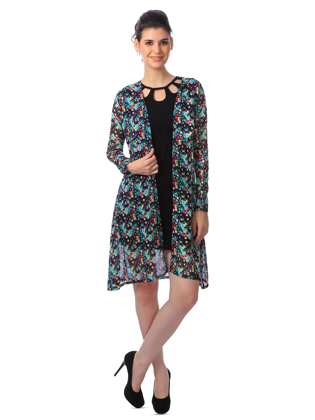 

Cation Navy Blue Printed Open Front Longline Shrug