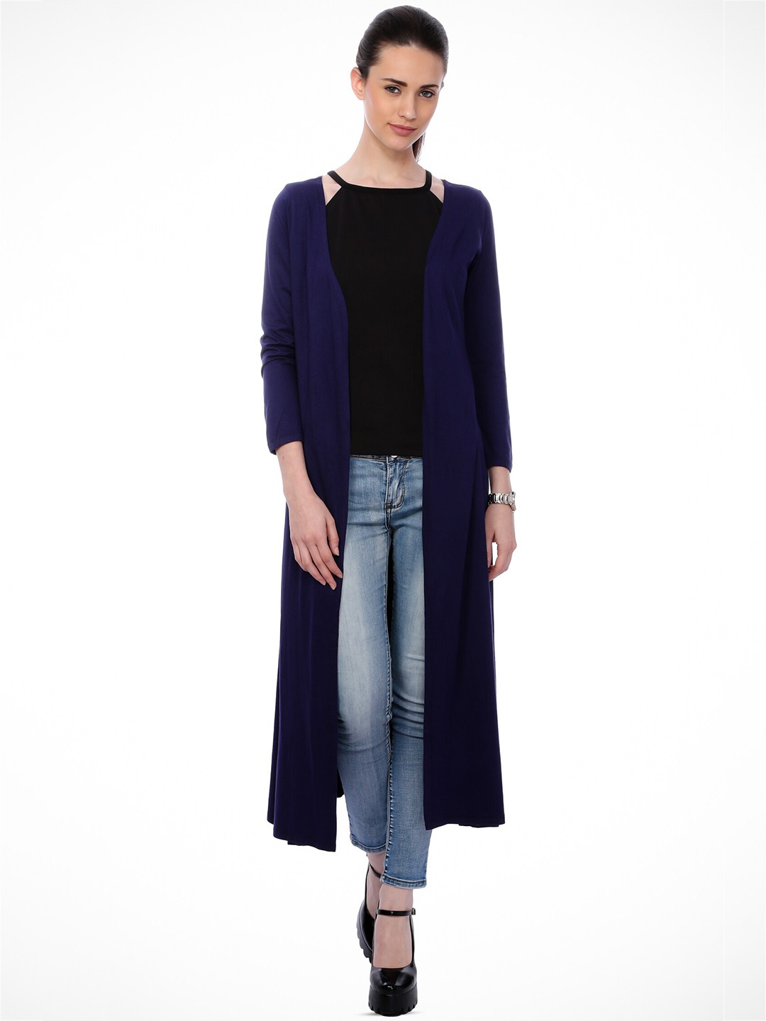

Cation Blue Long Sleeves Cotton Longline Shrug, Navy blue