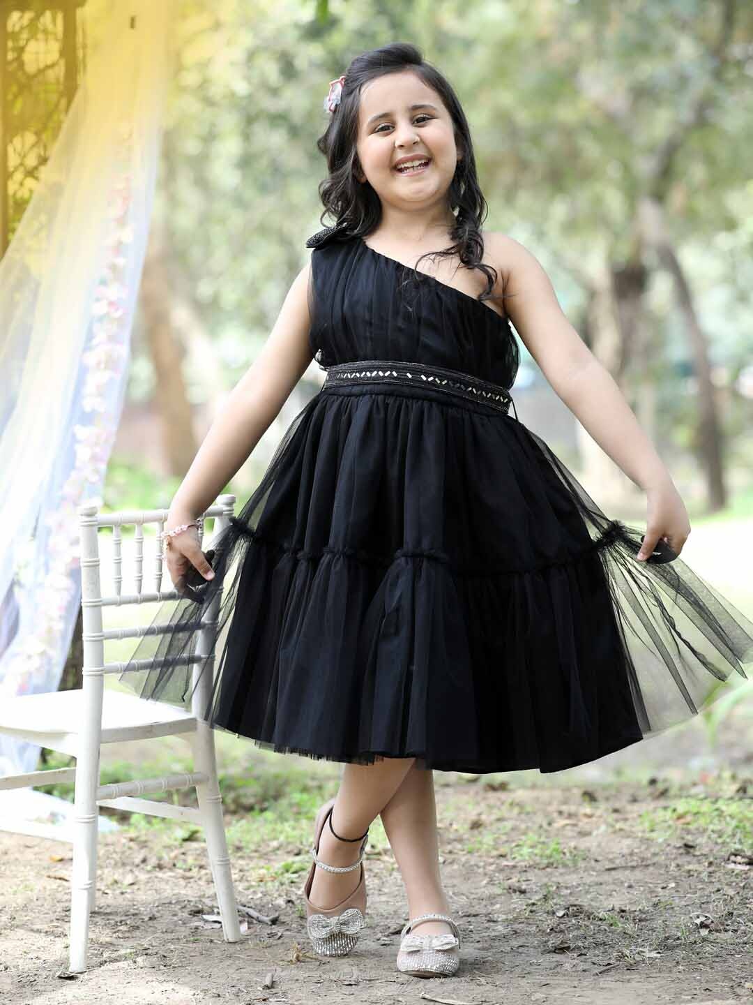

Stuffie Land Girls One Shoulder Net Fit & Flare Dress, Black
