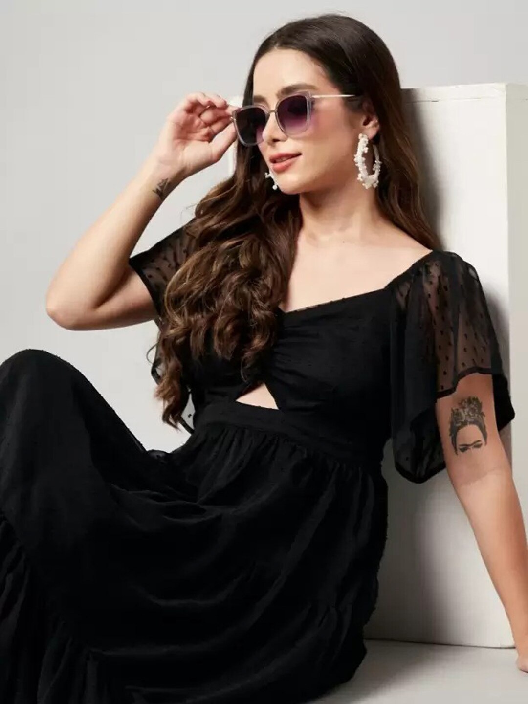 

AKSHARAM Sweetheart Neck Flared Sleeve Georgette Fit & Flare Dress, Black