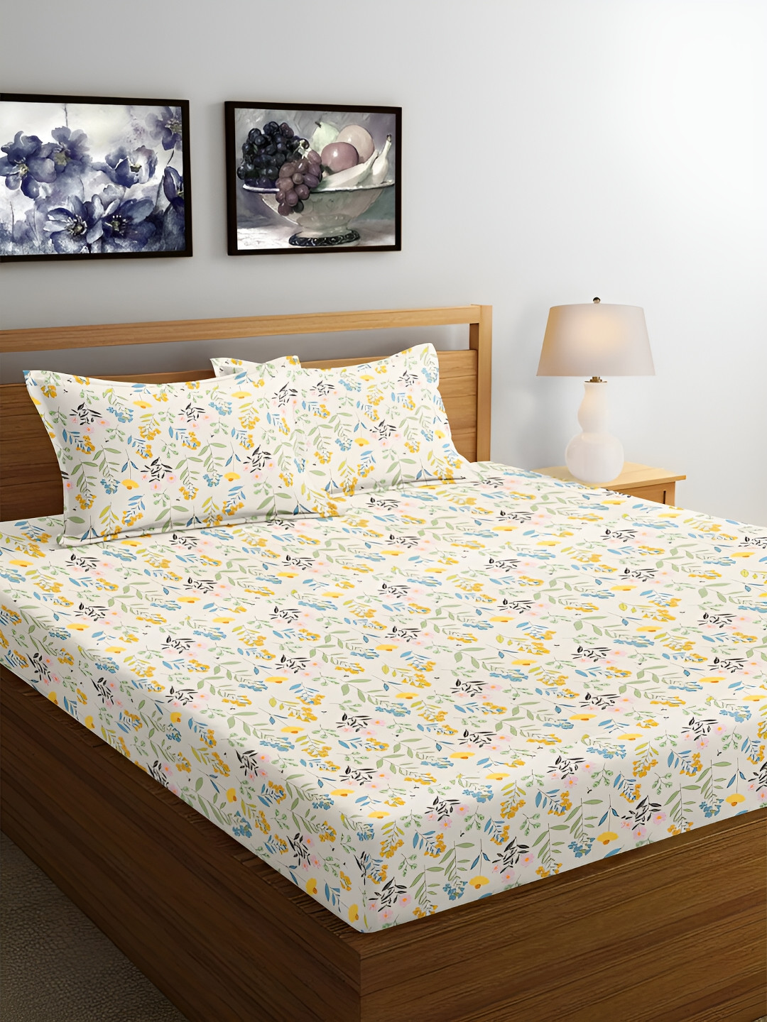 

Srijee Decors Stem Serenity Yellow Floral 210 TC Fitted Queen Bedsheet & 2 Pillow Covers