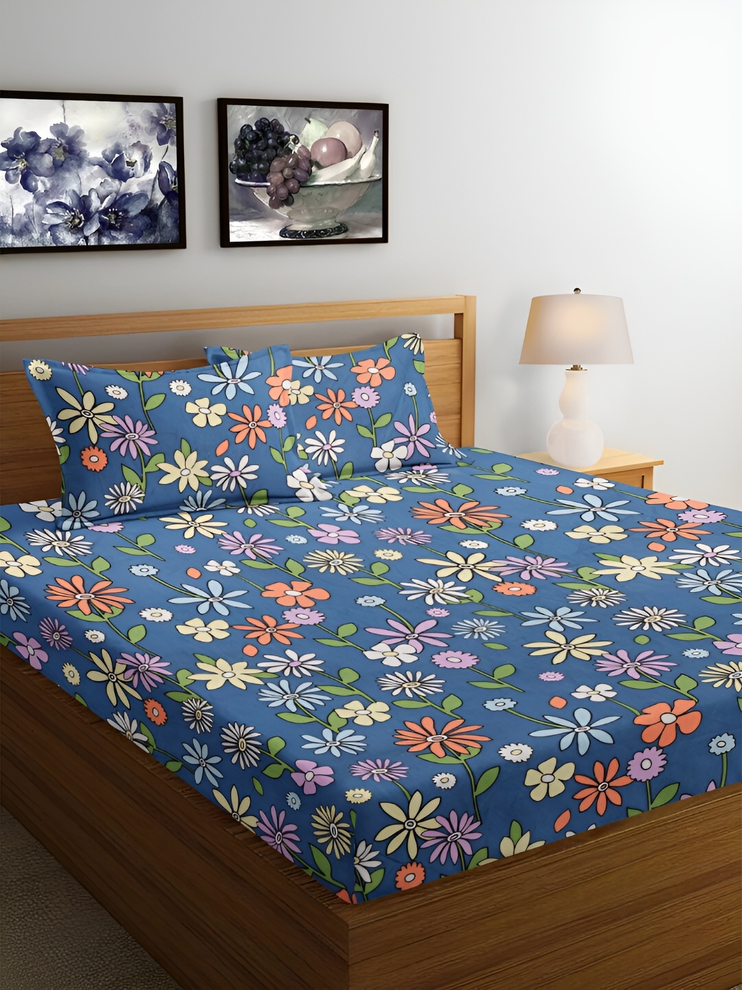 

Srijee Decors Blue & Green Floral 210 TC Fitted King Bedsheet With 2 Pillow Covers