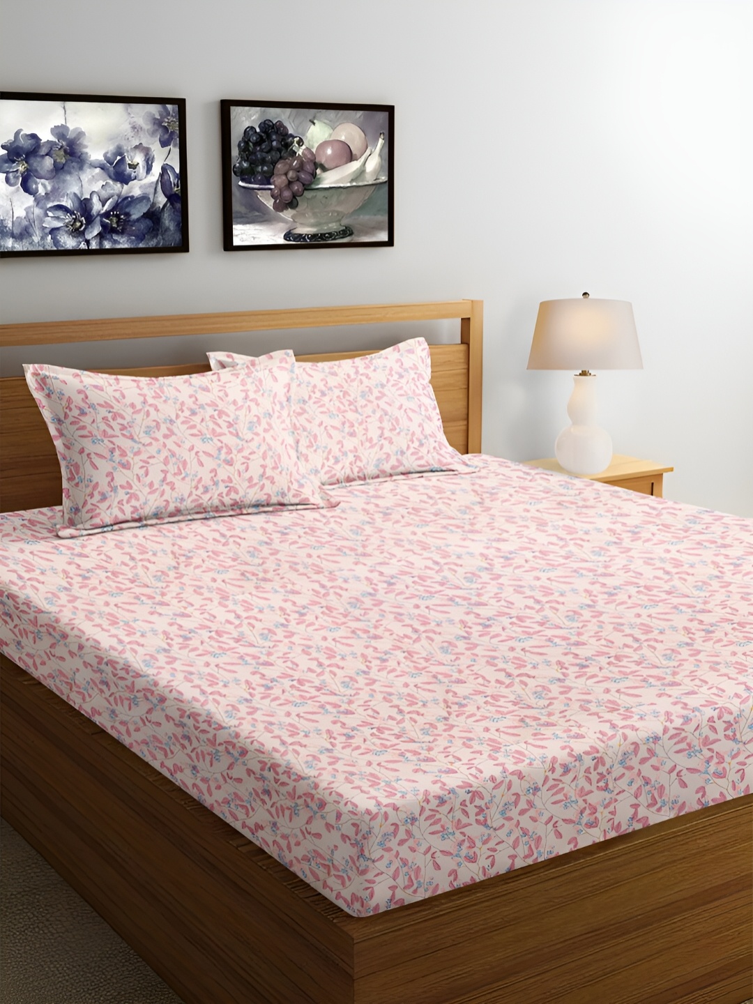 

Srijee Decors Flex Pink & Blue Floral 210 TC Fitted Queen Bedsheet With 2 Pillow Covers
