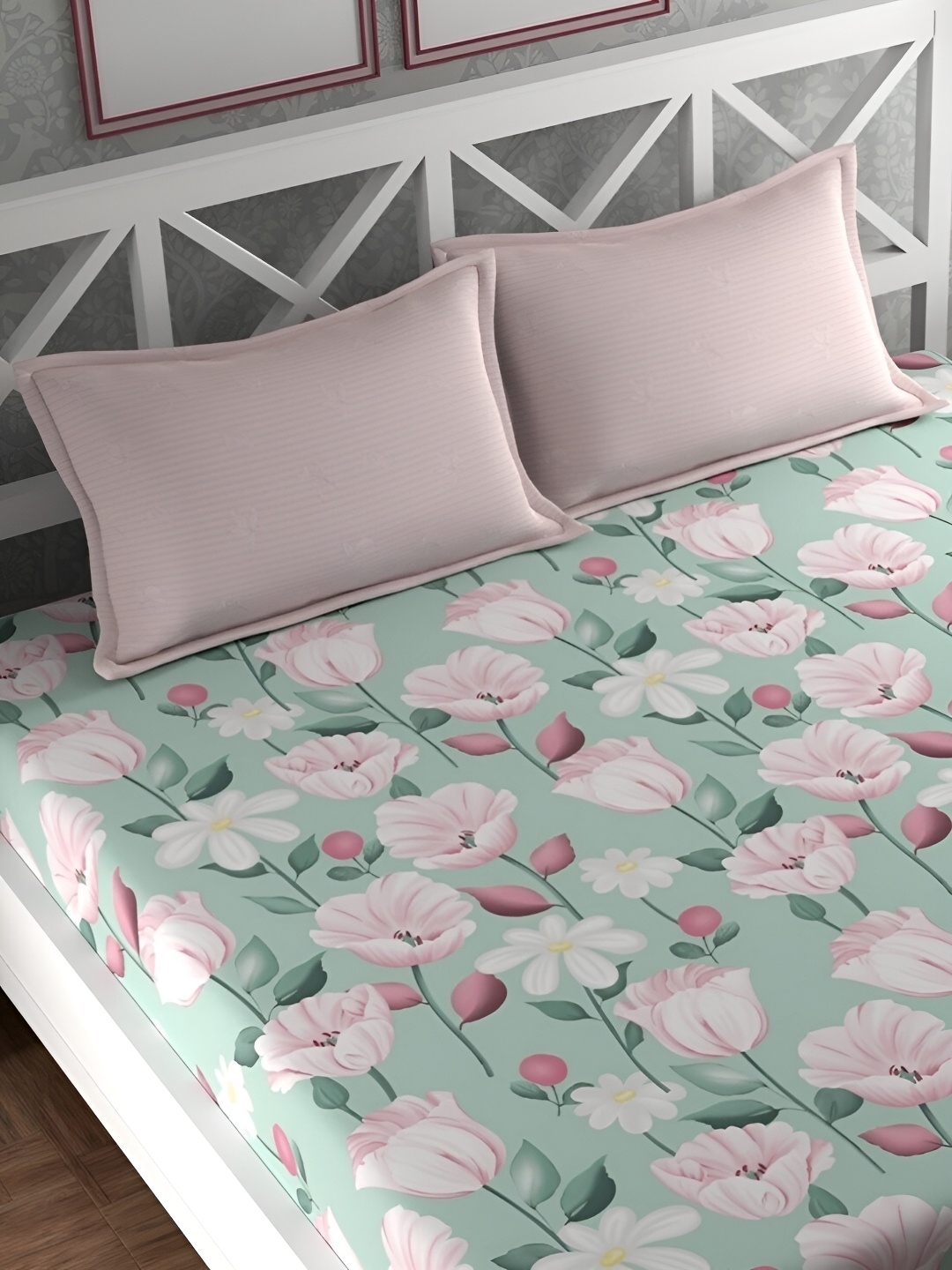 

Srijee Decors Green & White Floral 210 TC Fitted King Bedsheet With 2 Pillow Covers