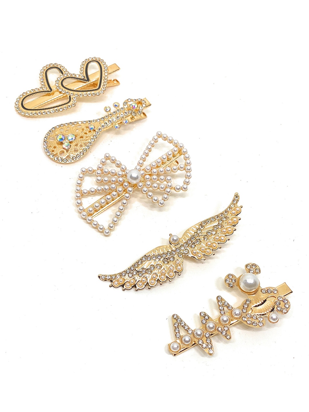 

BAESD Girls Set Of 5 Embellished Quirky Stone-Studded Alligator Hair Clips, Gold