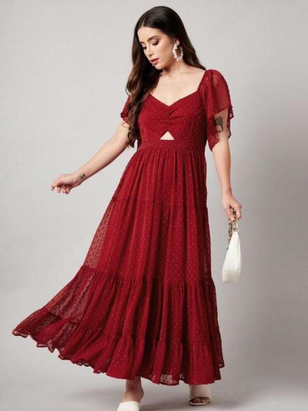 

AKSHARAM Sweetheart Neck Print Flutter Sleeve Georgette Maxi Dress, Maroon