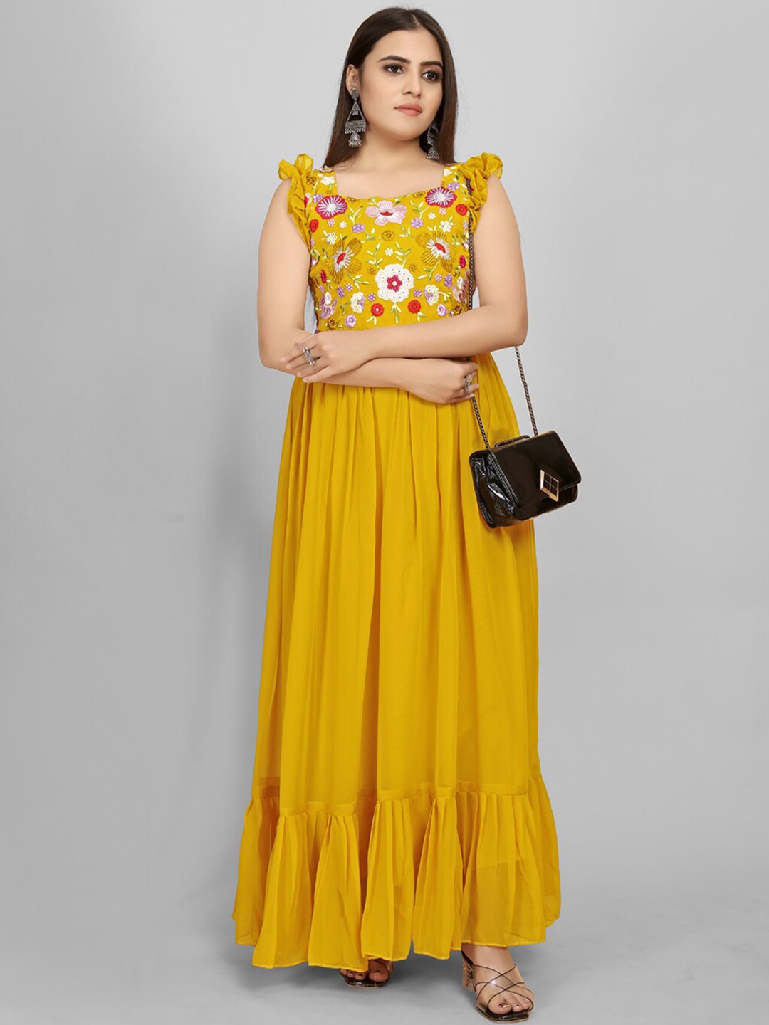 

AKSHARAM Square Neck Floral Georgette Maxi Dress, Yellow
