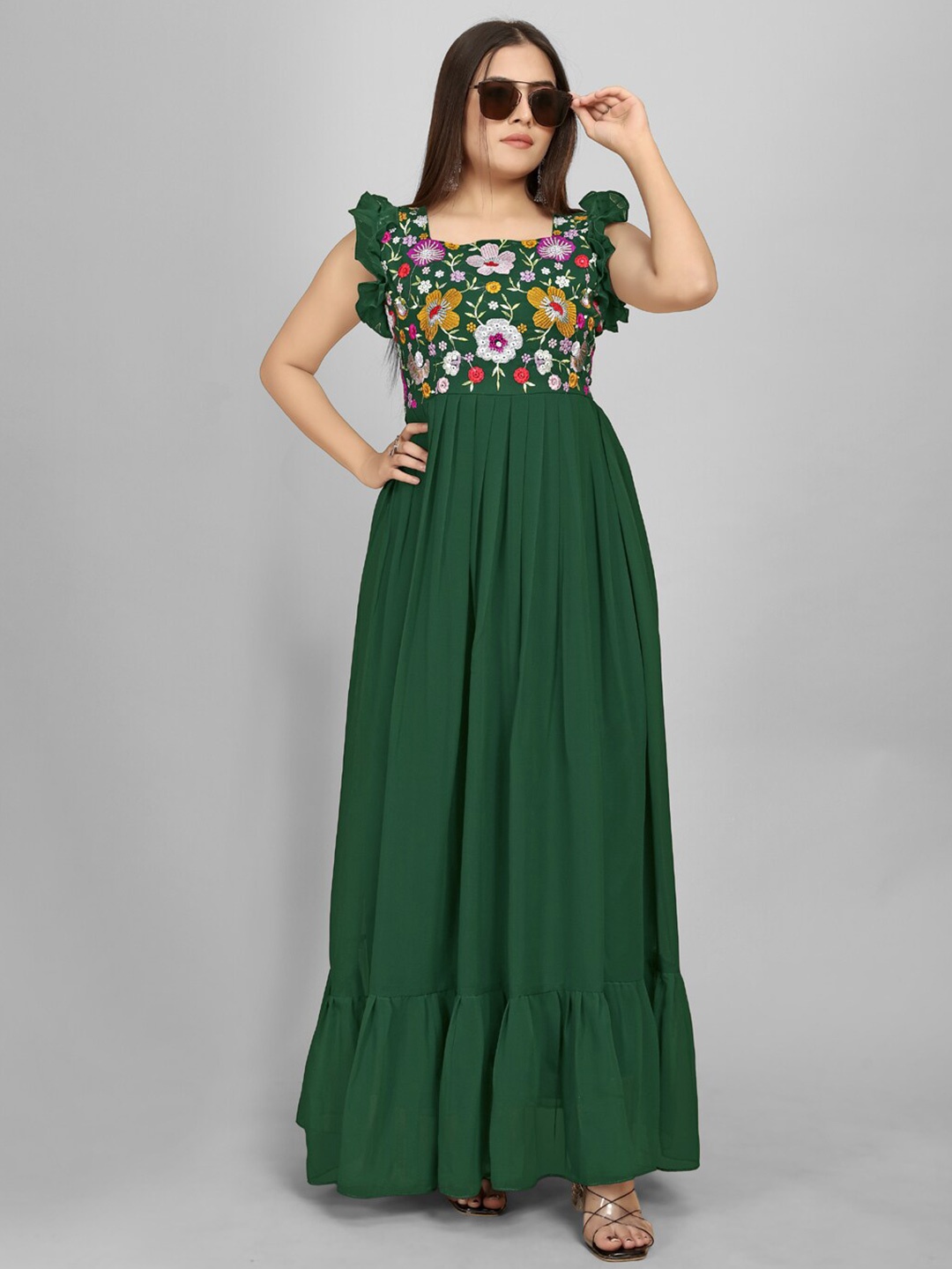 AKSHARAM Square Neck Floral Print Georgette Maxi Dress, Green