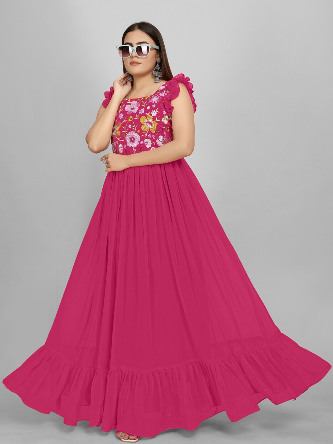 

AKSHARAM Square Neck Floral Georgette Maxi Dress, Pink