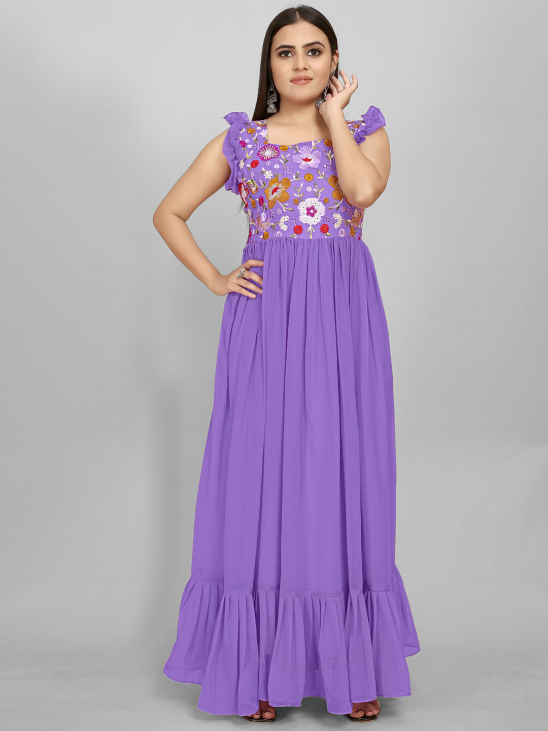 

AKSHARAM Floral Print Flutter Sleeves Georgette Maxi Dress, Lavender