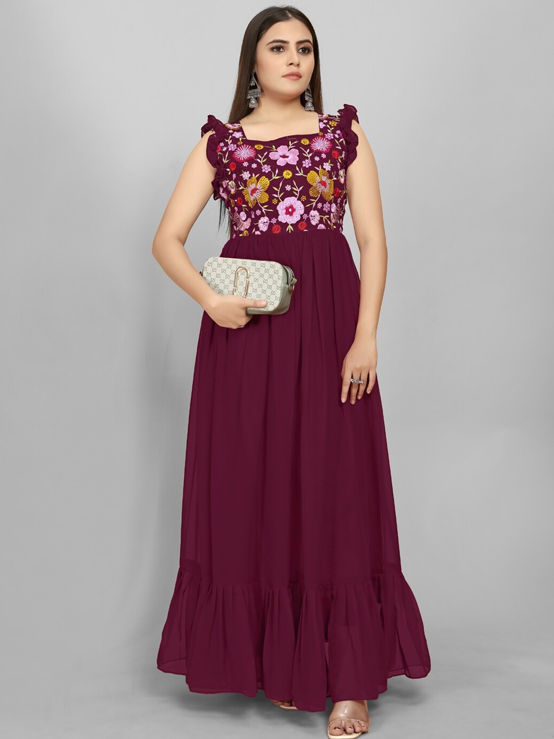 

AKSHARAM Square Neck Floral Print Georgette Maxi Dress, Maroon