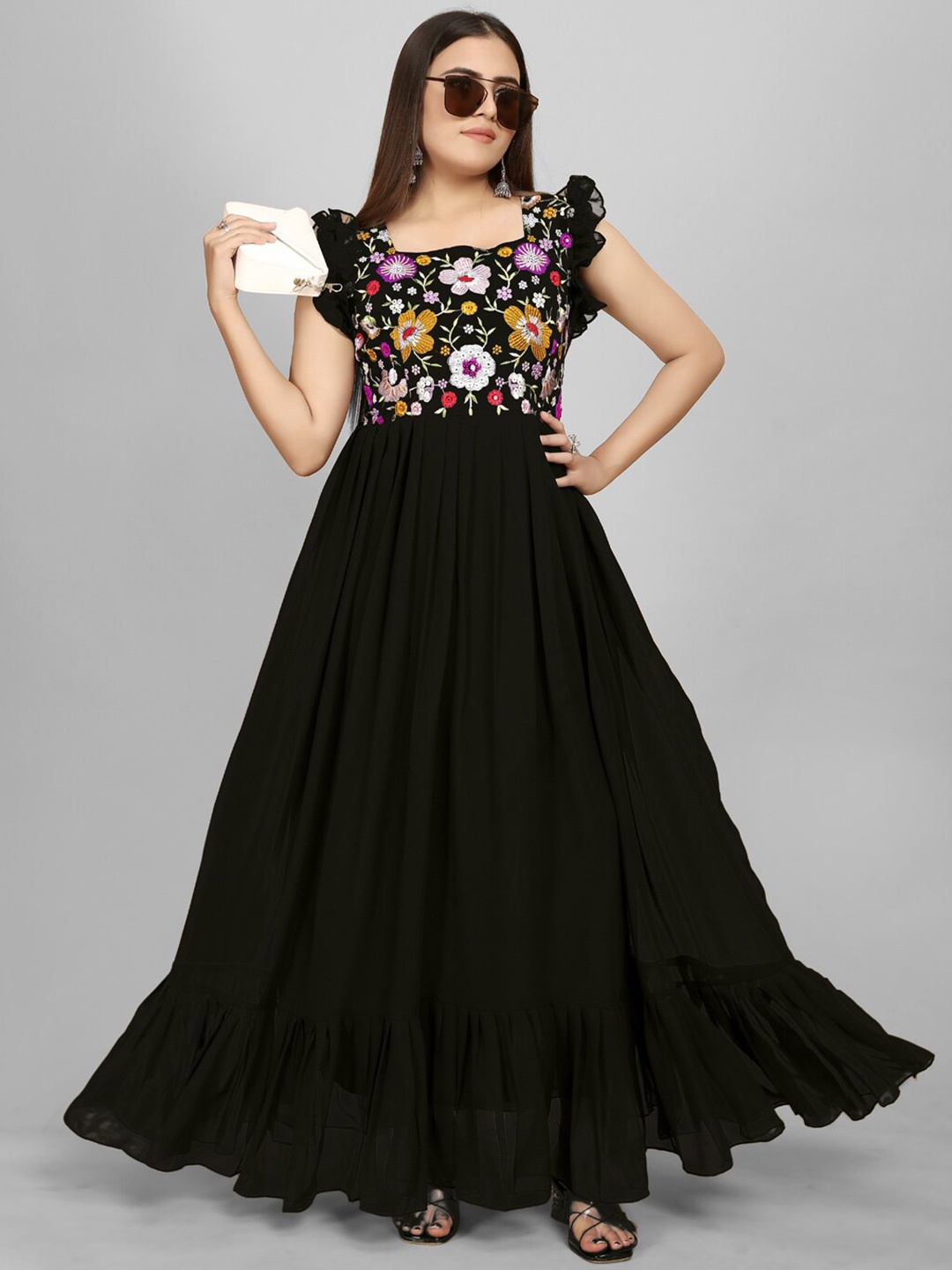 

AKSHARAM Square Neck Floral Print Georgette Maxi Dress, Black