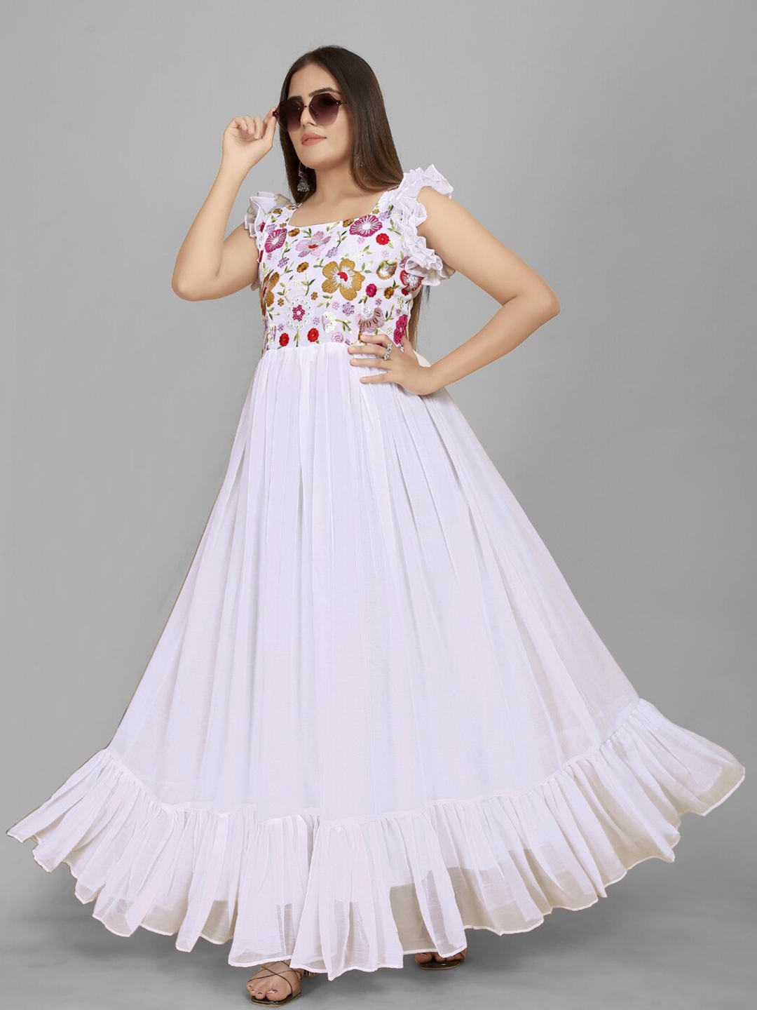 

AKSHARAM Floral Print Square Neck Floral Georgette Maxi Dress, White